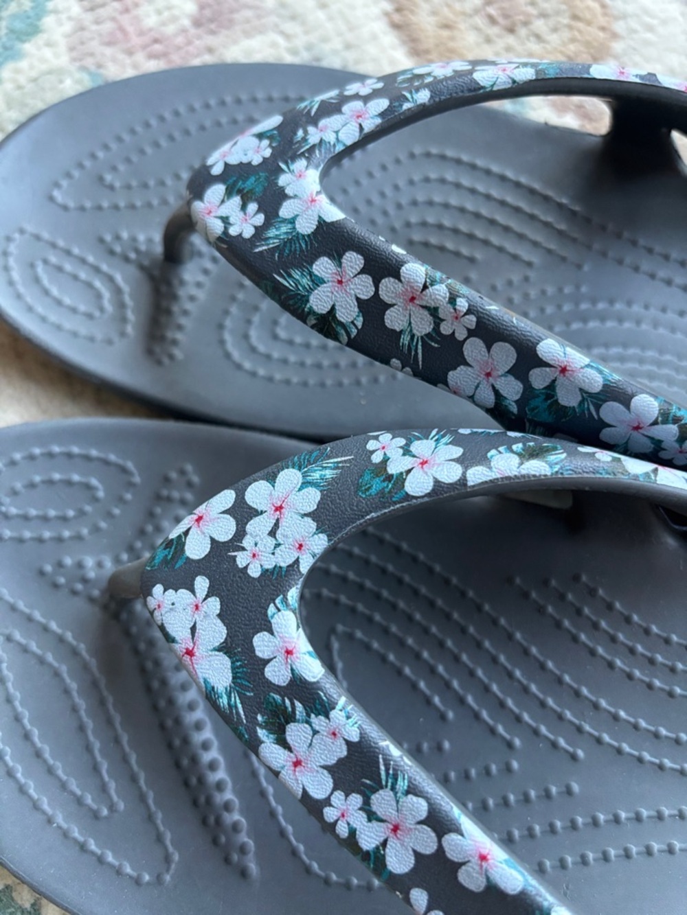 CROCS Gray Flip Flops with Pink Floral Straps - Picture 5 of 5